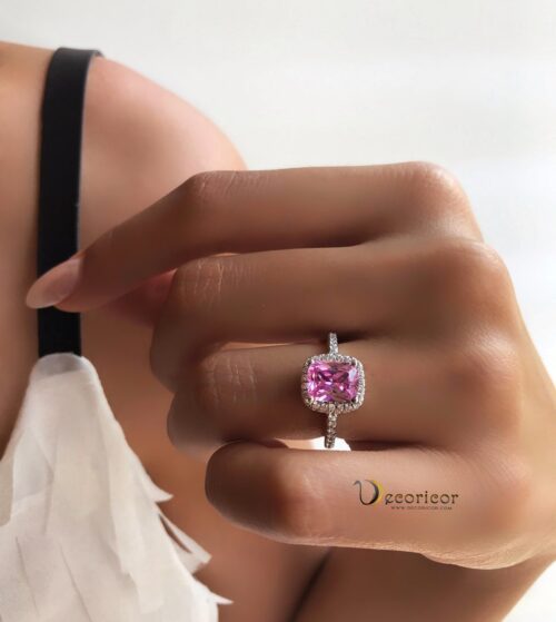 Solitaire Silver Emerald Cut ring R798 pink