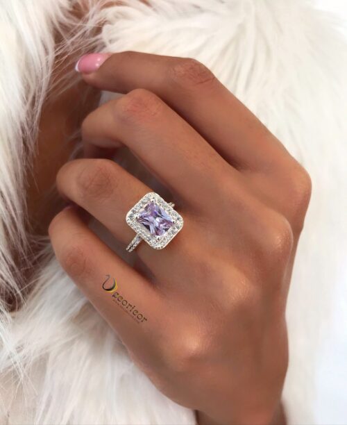 Solitaire Silver Emerald Cut ring R798 purple