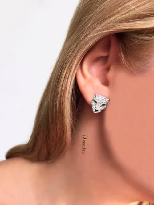 silver green leopard earrings