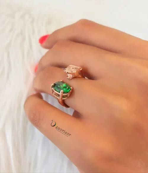 Silver rose gold tiger ring emerald stone