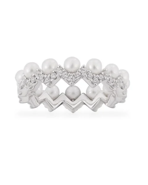 Cultured pearl silver ring zigzag style